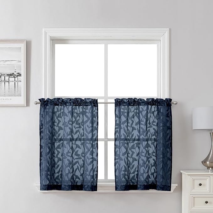 Lecloud Leia Navy Blue Kitchen Sheer Curtains 24 Inch 2 Pcs, Jacquard Leaf by Lecloud