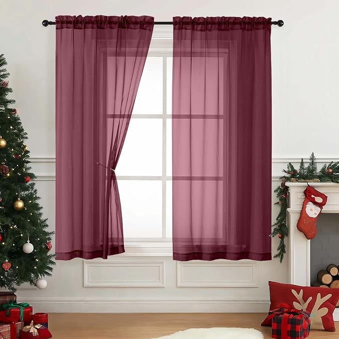 Burgundy Sheer Curtains 63 Inch Length 2 Panels, Voile Sheer Curtain by Home