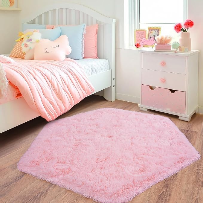 4x4.6 Feet Pink Hexagon Rugs for Princess Tent, Ultra Soft Fluffy Hexagon Area - Image 2