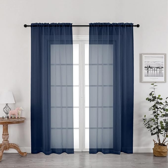 OWENIE Navy Blue Sheer Curtains 72 Inches Long 2 Panels, Transparent Voile by OWENIE
