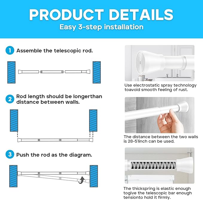 AIZESI Spring Tension Rods Adjustable Tension Curtain Rod Small Tension Rod No - Image 8