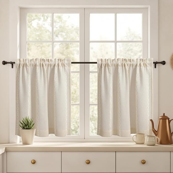 Boho Kitchen Cafe Curtain 24 Inch Length, 36 Inch Width, Single Panel Beige - Image 2