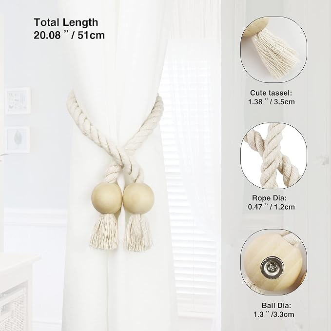 4 Pack Magnetic Curtain Tiebacks Cotton Hand Woven Tie Back Decorative Rope - Image 3