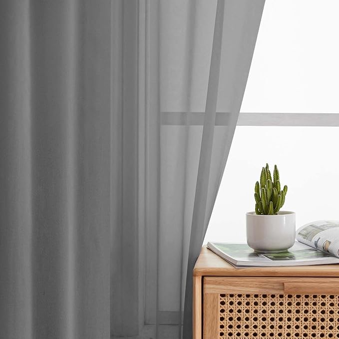 Grey Sheer Curtains for Bedroom Living Room 96 Inches Long 2 Panels, Modern - Image 3