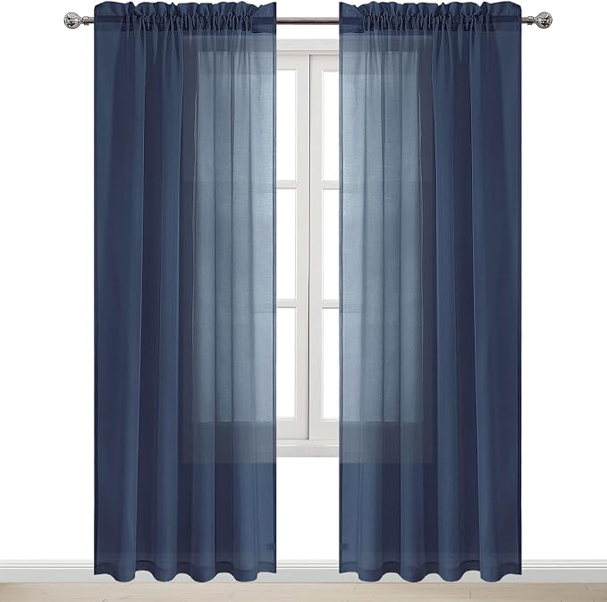 DWCN Navy Blue Sheer Curtains Semi Transparent Voile Rod Pocket Curtains - Image 9