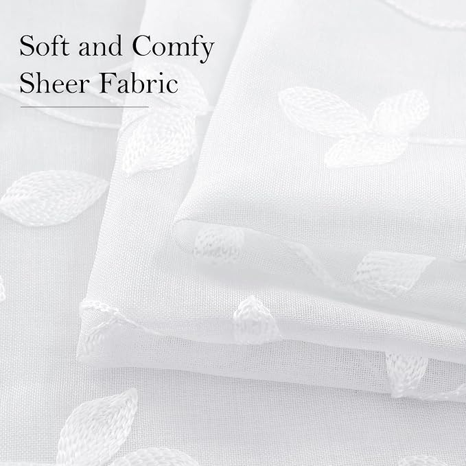 HOMEIDEAS White Sheer Curtains 52 X 96 Inches Length 2 Panels Embroidered Vine - Image 4