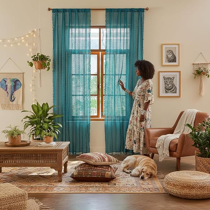 WAZZIO Boho Lace Curtains 72 Inches 2 Panel, Light Filtering Privacy Tassel & - Image 6