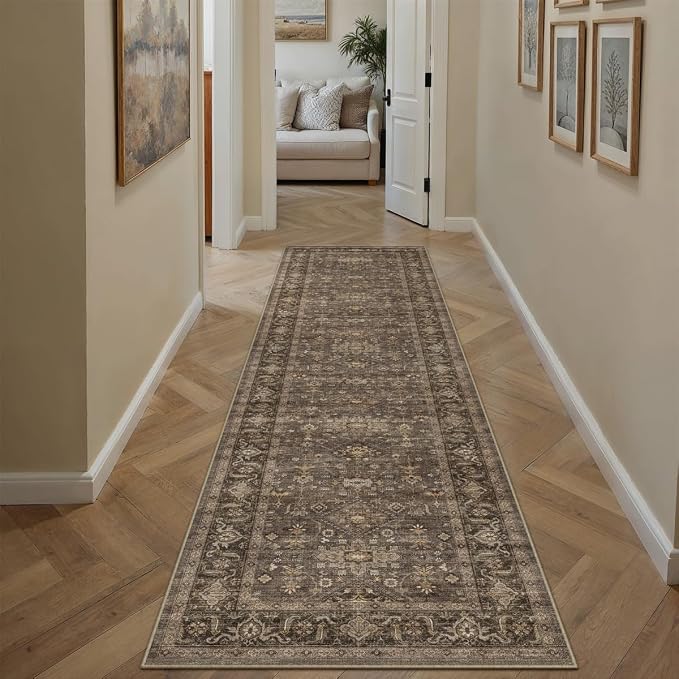 2x7 Washable Runner Rug for Hallway Kitchen Vintage Brown Non Slip Low Pile - Image 5