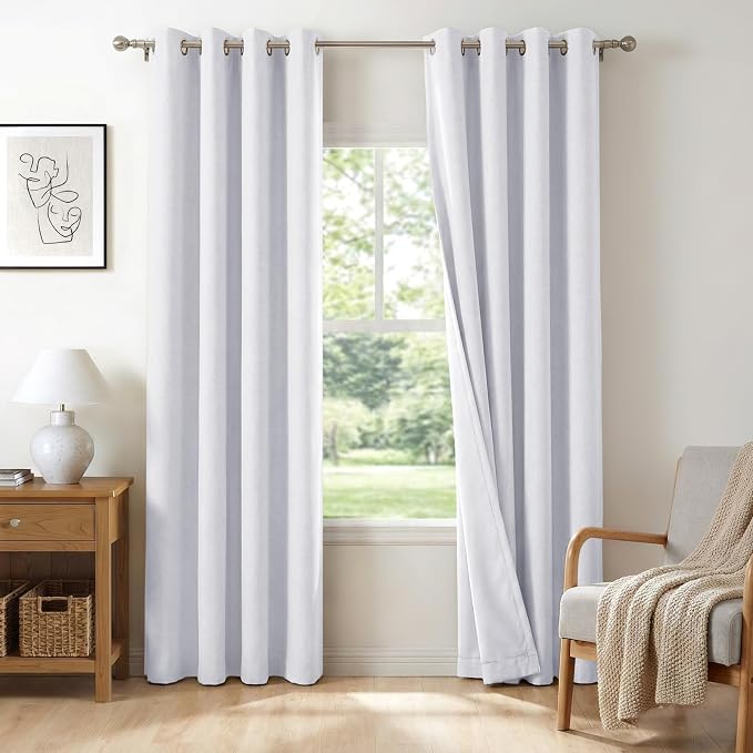 100% Blackout Linen Textured Curtains 96 Inch Long, Bright White | 100% by 100BlackoutShield