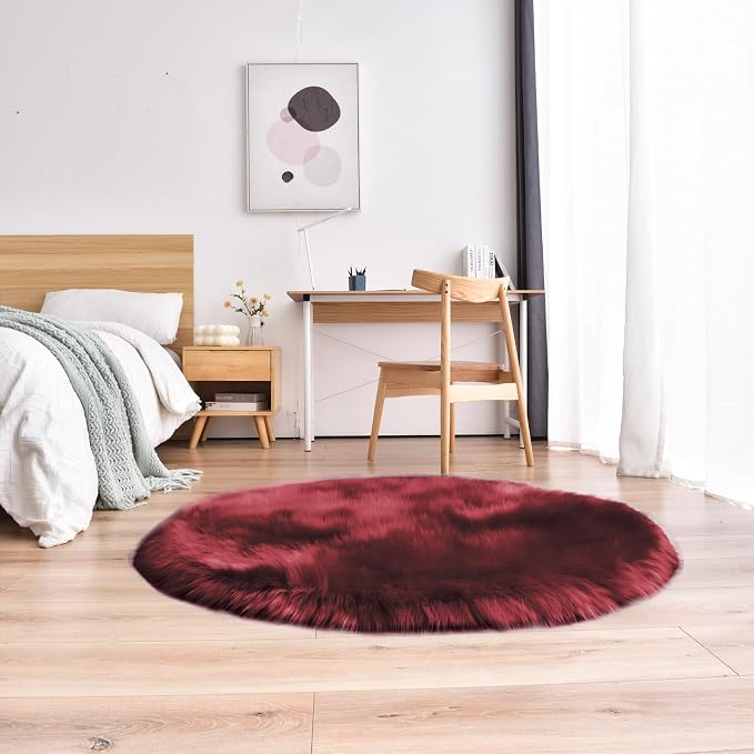 duduta Burgundy Faux Fur Round Rug 4x4 ft, Fluffy Shag Sheepskin Circle Rug - Image 5