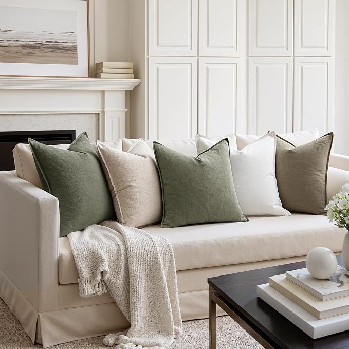MIULEE Decorative Linen Pillow Covers 20x20 Inch Olive Green ​Boho Farmhouse - Image 4