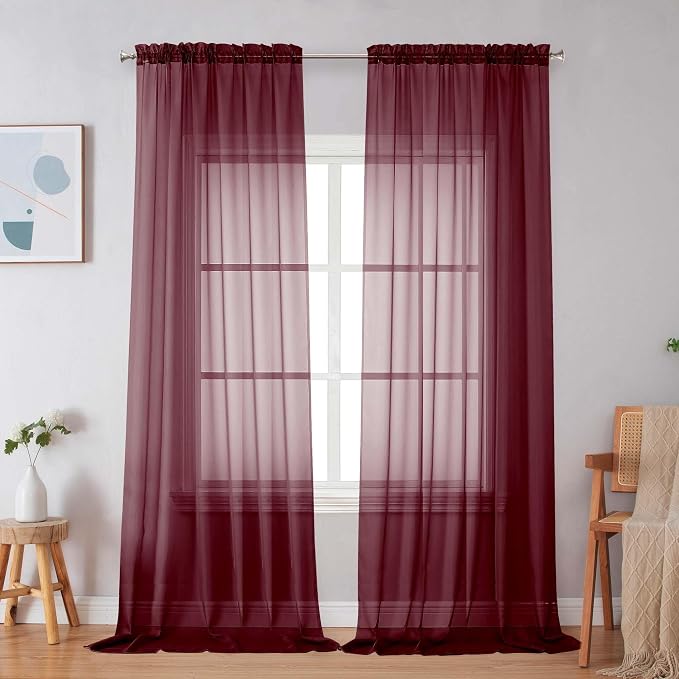 Simplebrand Burgundy Red Sheer Curtains 96 Inches Long, Light Filtering Rod by Simplebrand