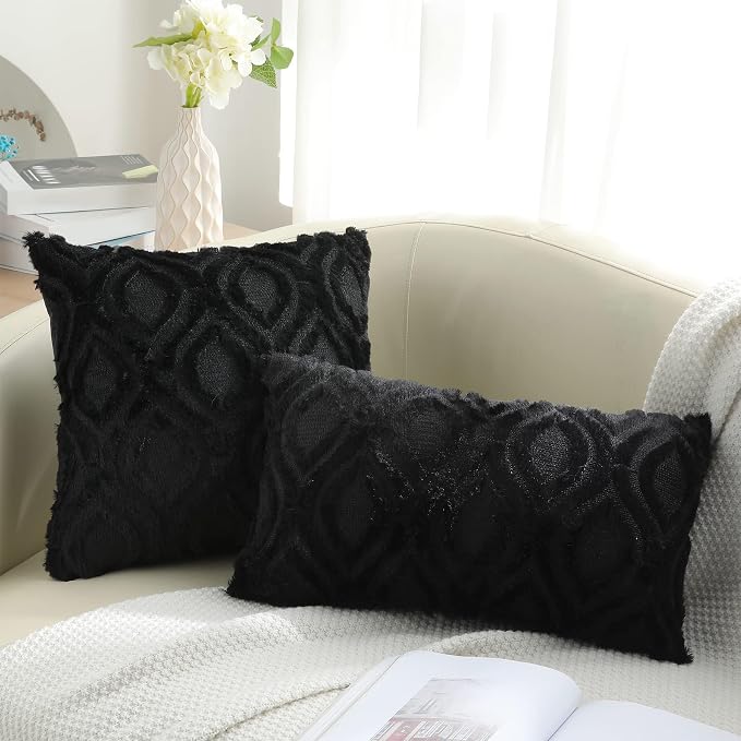 decorUhome Throw Pillow Covers 20x20 Inch Set of 2, Soft Plush Faux Wool Black - Image 6