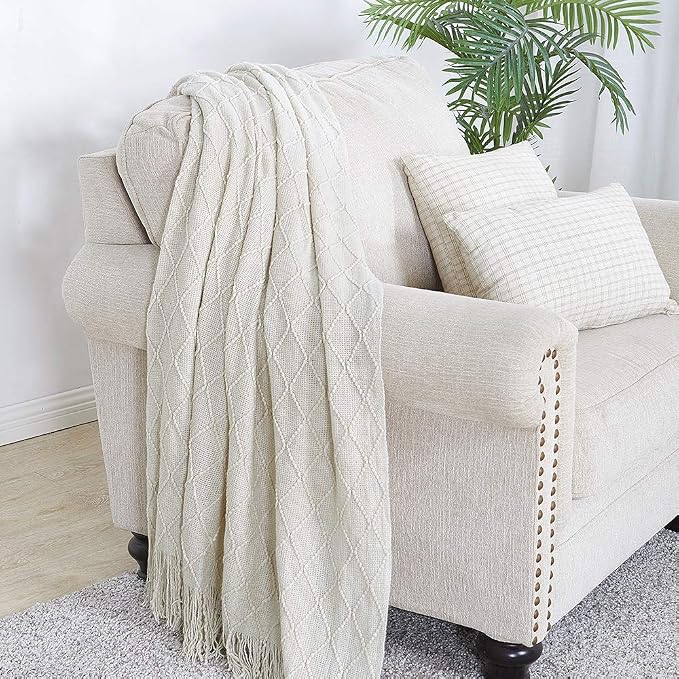 BOURINA Beige Throw Blanket 60x80 Inches Throw Textured Solid Soft Sofa Throw - Image 3