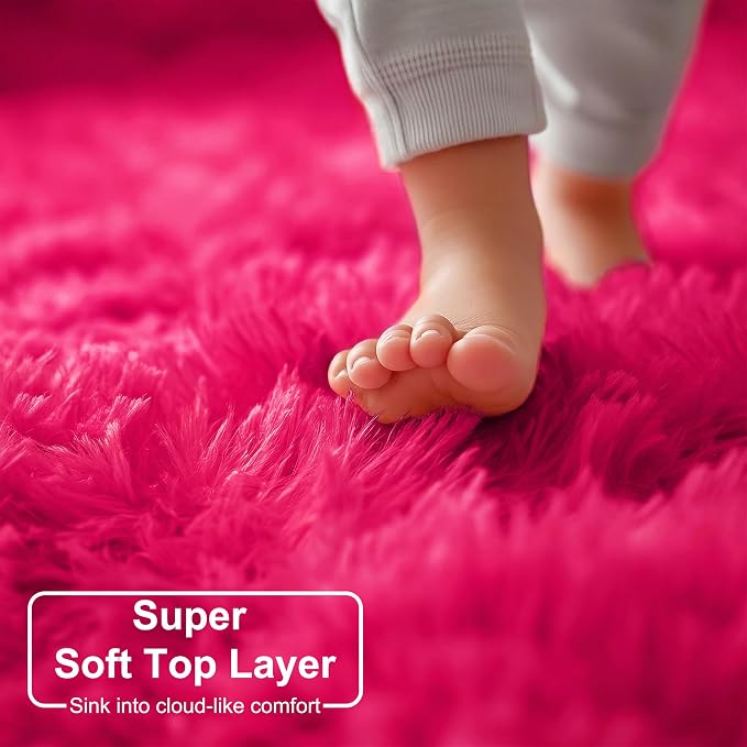 Hot Pink Round Rugs 5Ft for Girls Bedroom, Fluffy Circle Area Rug for Kids Room - Image 2