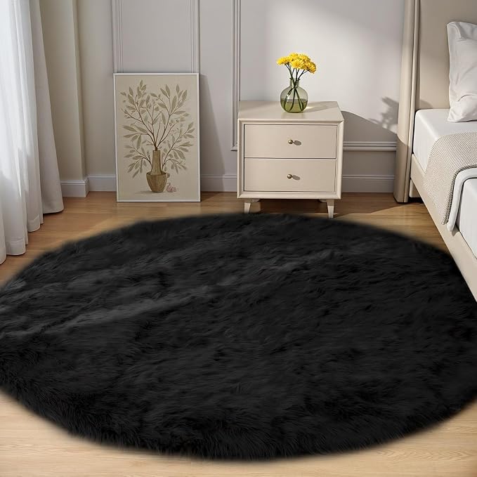 Goolela Black Round Area Rug 6ft Fluffy Fuzzy Circle Rug by Goolela