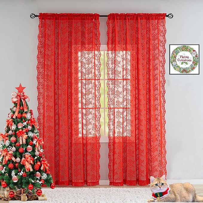 YJ YANJUN Vintage Lace Curtains 84 Inches Long-Victorian Floral Pattern Red by YJYANJUN
