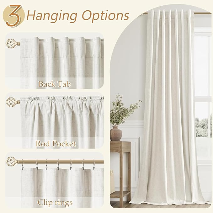 Guken 100% Blackout Cream Linen Curtains 52 Inch Wide by 140 Inch 2 Panels Set - Image 6