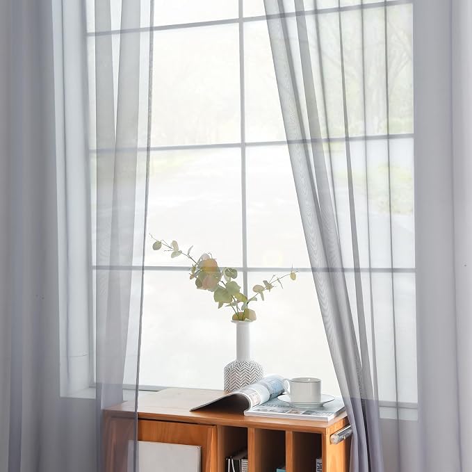 youleyar Solid Sheer Rod Pocket Curtain Voile Draperies 2 Panels White Beige - Image 2