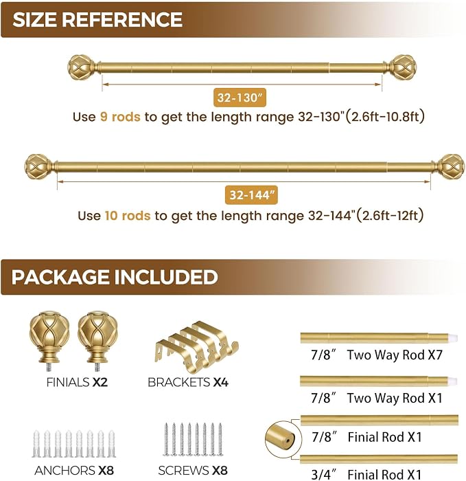 KAMANINA Gold Curtain Rod 72 to 144 Inch, Telescoping Single Drapery Rods - Image 9