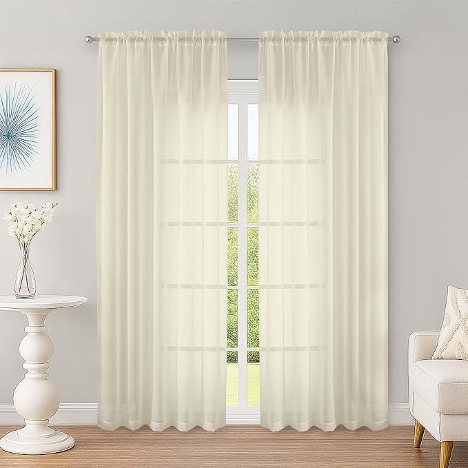 OWENIE Sheer Curtains 84 Inches Long 2 Panels Set, Sheer Cream Curtains by OWENIE