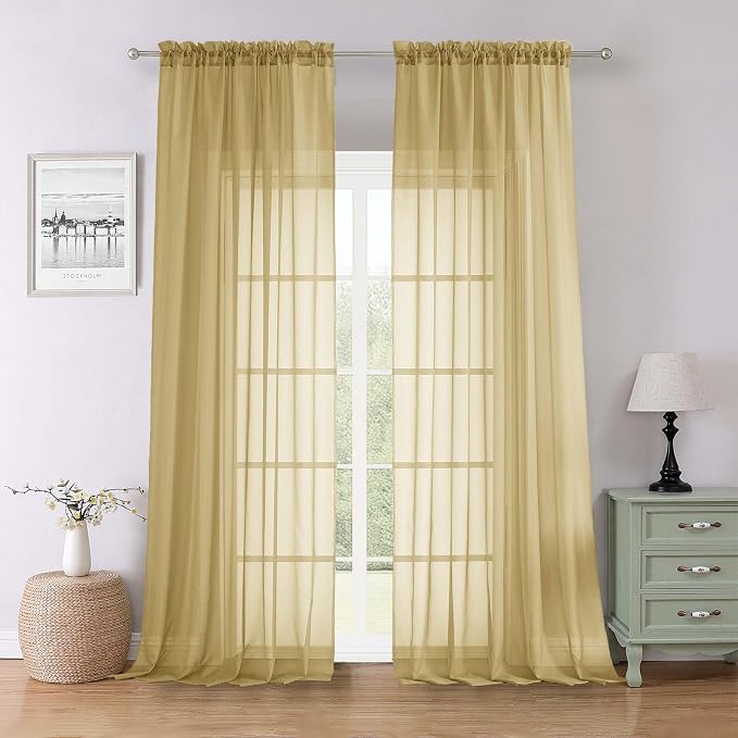 Lecloud Gold Sheer Curtains 96 Inches Long 2 Panels Set, Home Decor Light by Lecloud