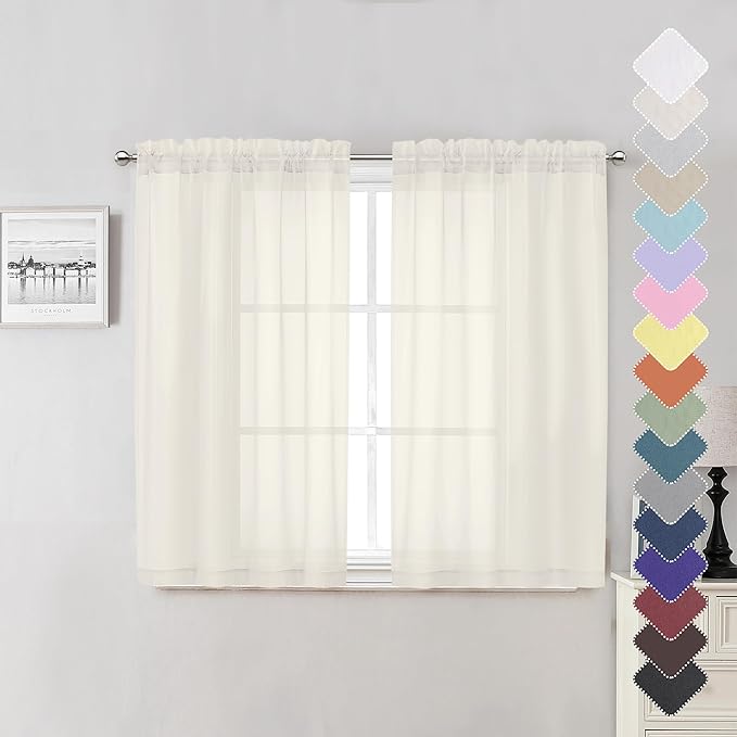 Lecloud Ivory Sheer Curtains 45 Inch Length 2 Panels, Short Voile Drapes by Lecloud