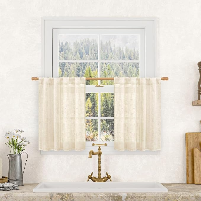 LAMIT Beige Linen Cafe Curtains 24 Inch Length, Semi Sheer Light Filtering by LAMIT