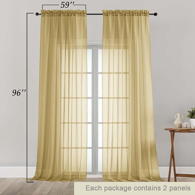 Gold Sheer Curtains for Bedroom Living Room 96 Inches Long 2 Panels, Modern - Image 2