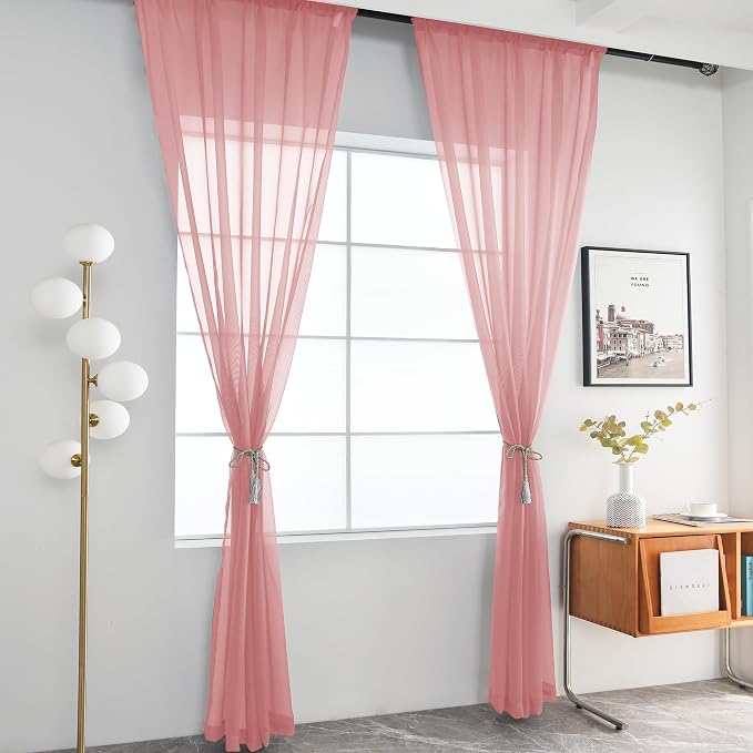 youleyar Solid Sheer Rod Pocket Curtain Voile Draperies 2 Panels White Beige - Image 3