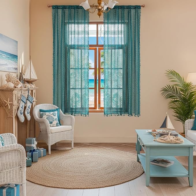 WAZZIO Boho Lace Curtains 72 Inches 2 Panel, Light Filtering Privacy Tassel & by WAZZIO