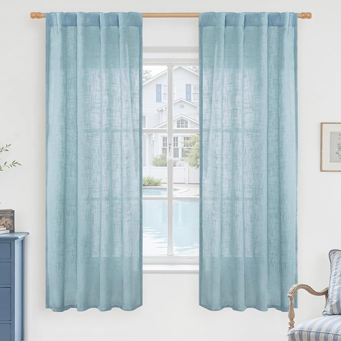 LAMIT Stone Blue Semi Sheer Window Linen Curtains 63 Inch Length, Light by LAMIT