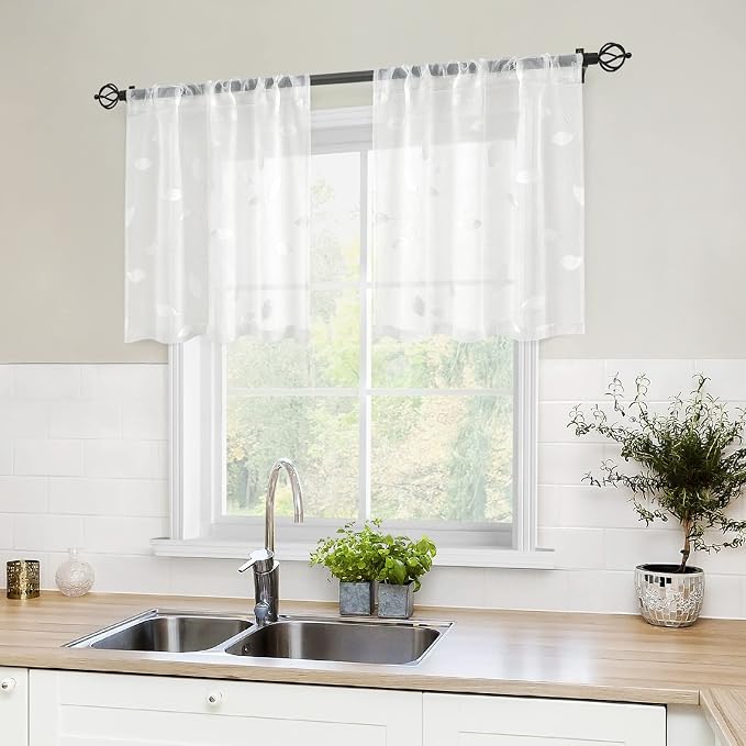 HOMEIDEAS White Sheer Kitchen Curtains 30 X 24 Inch Length 2 Panels Embroidered - Image 4