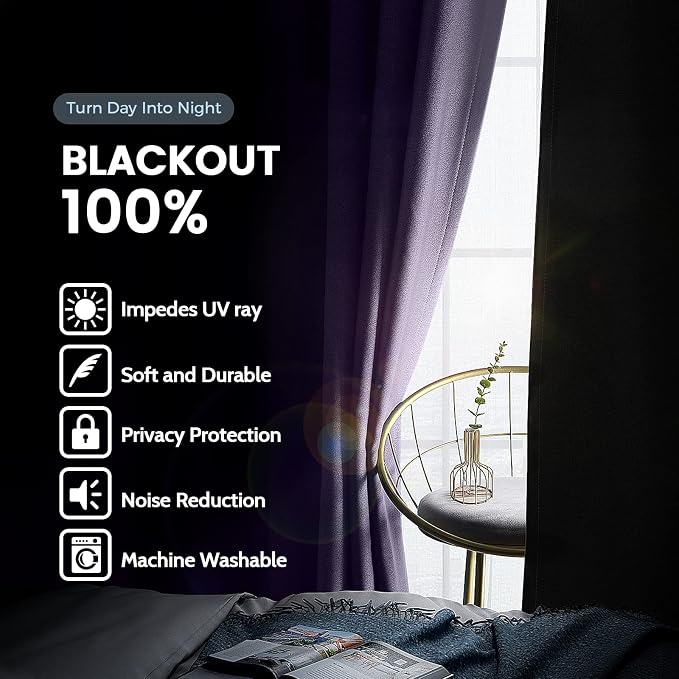 SimpleHome Lilac 100% Blackout Curtains Room Darkening Living Room 63 Inch | - Image 3
