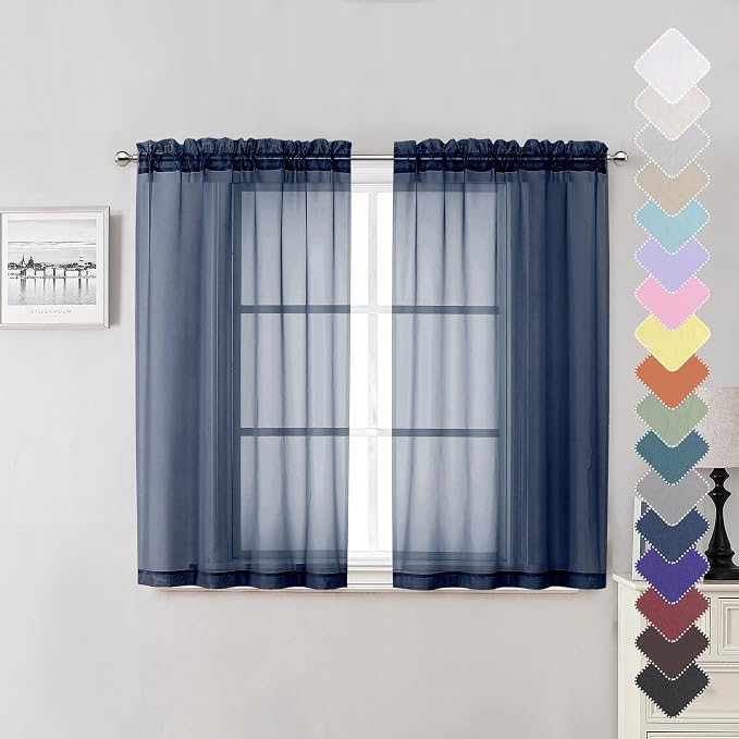 Lecloud Navy Blue Sheer Curtains 45 Inch Long 2 Panels, Short Voile Drapes by Lecloud