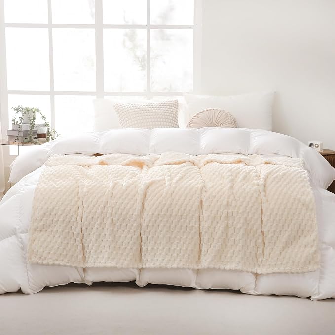 Puncuntex Cream White Throw Blanket 90"×90" inches Fuzzy 3D Jacquard Decorative - Image 2