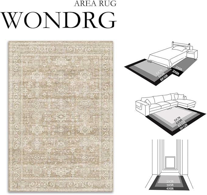 9x12 Washable Area Rug for Living Room Bedroom Vintage Beige Non Slip Carpet - Image 2
