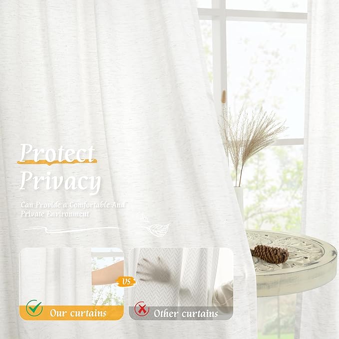 LAMIT Ivory White Linen Curtains 54 Inch Length, Faux Linen Textured Light - Image 5