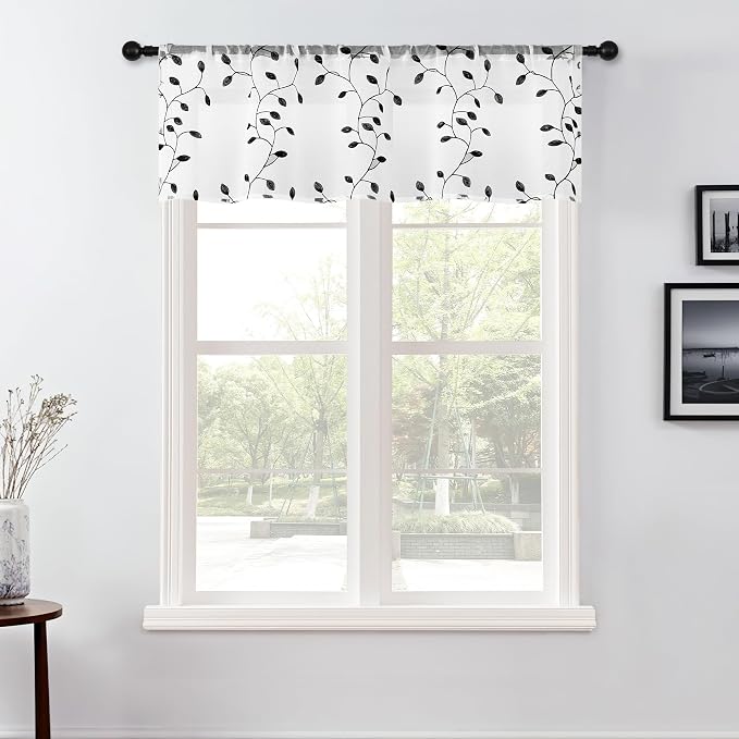 MRTREES Sheer Curtain Valance Rod Pocket, Voile Leaves Embroidered Christmas by MRTREES