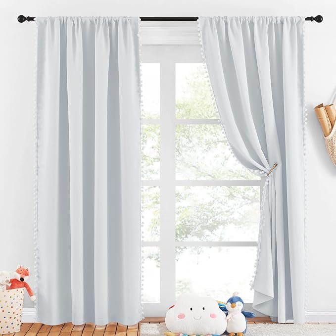 NICETOWN Pom Poms Trimming Blackout Curtains, Farmhouse Blackout Window - Image 2