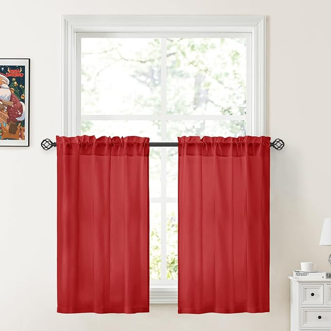 HOMEIDEAS Christmas Non-See-Through Red Privacy Sheer Kitchen Curtains by HOMEIDEAS