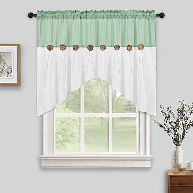 FRAMICS Farmhouse Swag Curtain, Boho Cotton Linen Valance Curtain, Sage Green - Image 2