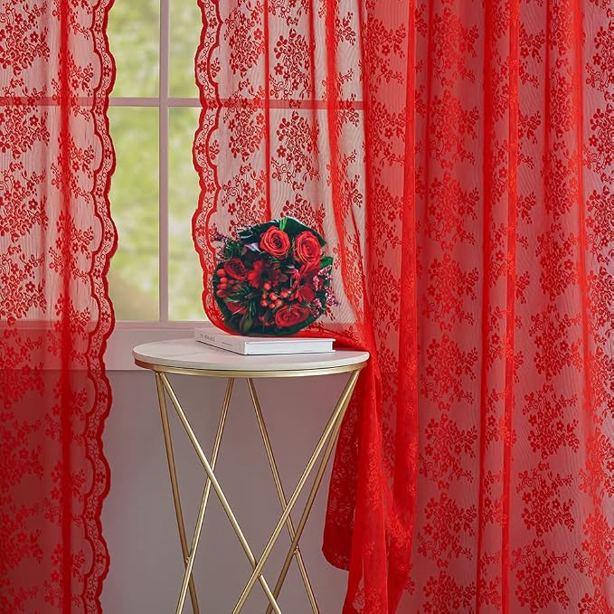 YJ YANJUN Vintage Lace Curtains 63 Inch Length 2 Panels Set Christmas Red Sheer - Image 3
