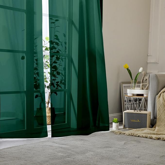 Lecloud Hunter Green Sheer Curtains 96 Inches Long 2 Panels, Airy Voile Solid - Image 2
