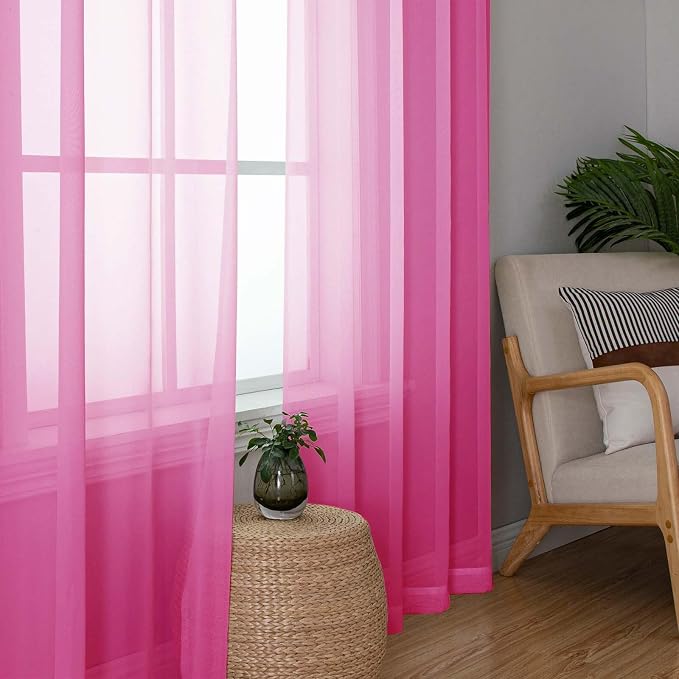 Lecloud Hot Pink Sheer Curtains 72 Inches Long 2 Panels, Solid Voile Light - Image 2