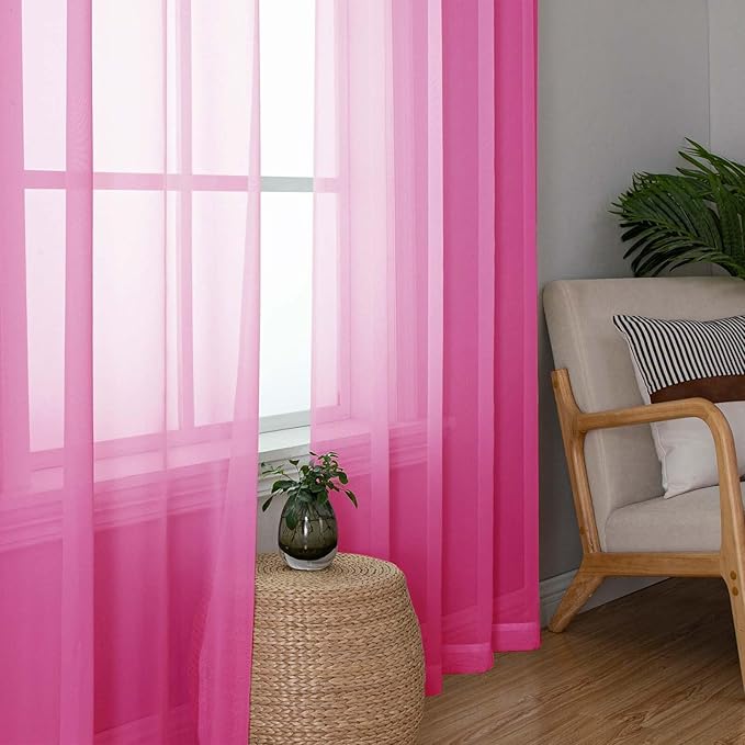 Lecloud Hot Pink Sheer Curtains 96 Inches Long 2 Panels, Rod Pockets Solid - Image 2