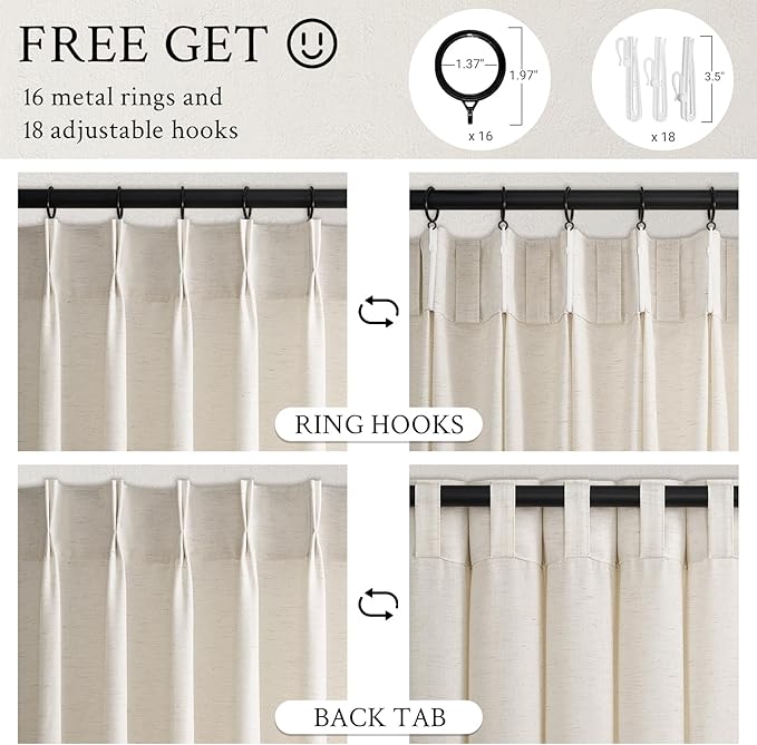Topfinel 105 Inch Curtains 2 Panels Set, Two Packs Pinch Pleat Back Tab Linen - Image 6