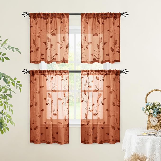 HOMEIDEAS Fall Burnt Orange Sheer Kitchen Curtains 30 X 24 Inch Length 2 Panels - Image 5