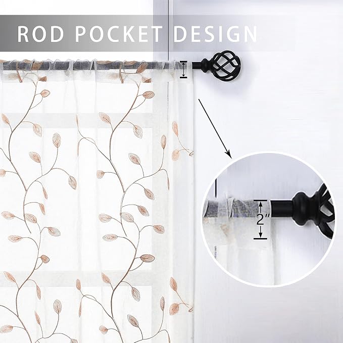 MRTREES Voile Sheer Curtain Valances, Leaves Embroidered Valance Curtains Rod - Image 2