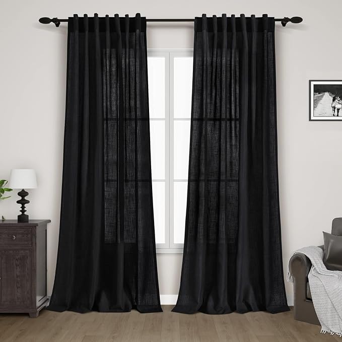 Nanspring Black Linen Blend Semi Sheer Curtains 86 Inches Long 2 Panel Set by Nanspring